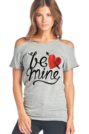 SALE Be Mine Heart Arrow Cold Shoulder Cut Out Valentines Day Short Sleeve Shirt - SimplyCuteTees