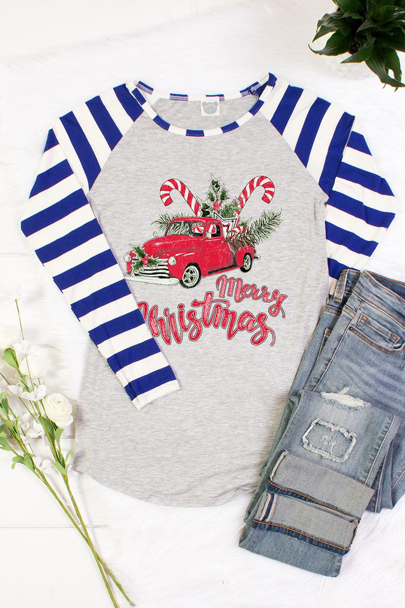 SALE Merry Christmas Truck Candy Cane Striped Sleeve Raglan Long Sleeve T-Shirt - SimplyCuteTees
