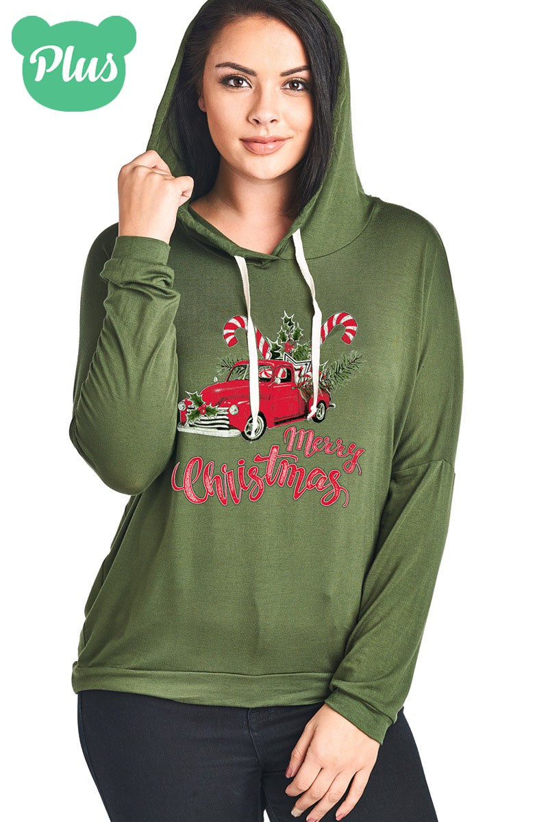 SALE Merry Christmas Truck Candy Cane Holiday Long Sleeve Hoodie - SimplyCuteTees