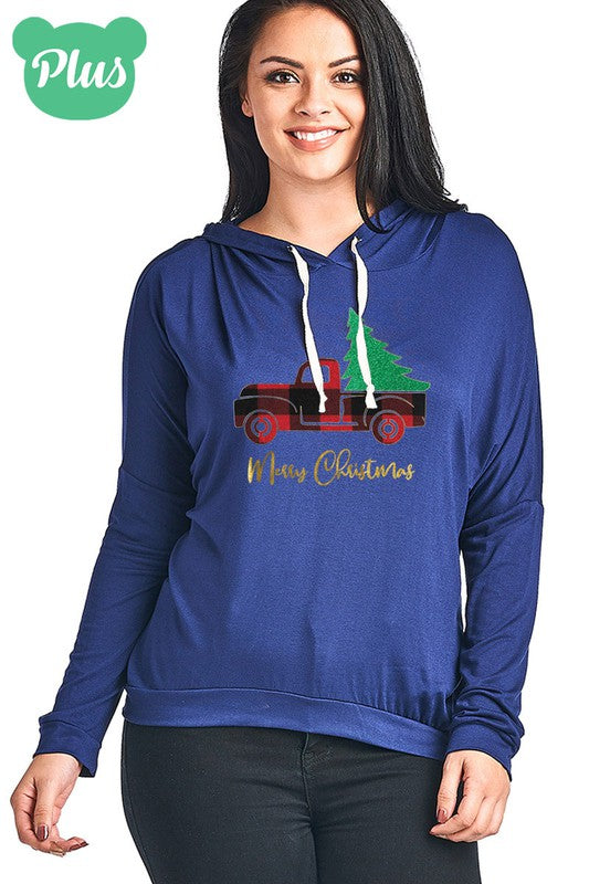 SALE Merry Christmas Plaid Truck Glitter Tree Holiday Long Sleeve Hoodie - SimplyCuteTees