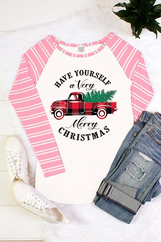 SALE Have Yourself a Very Merry Christmas Truck Striped Sleeve Raglan Long Sleeve T-Shirt - SimplyCuteTees