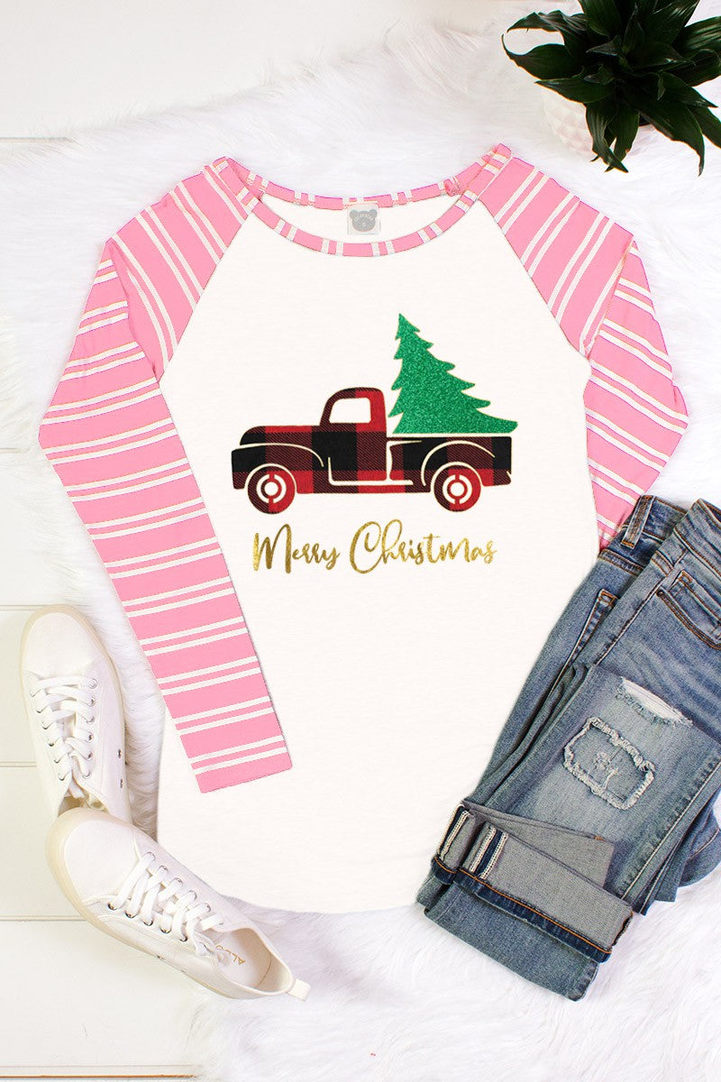 SALE Merry Christmas Truck Striped Sleeve Raglan Long Sleeve T-Shirt - SimplyCuteTees