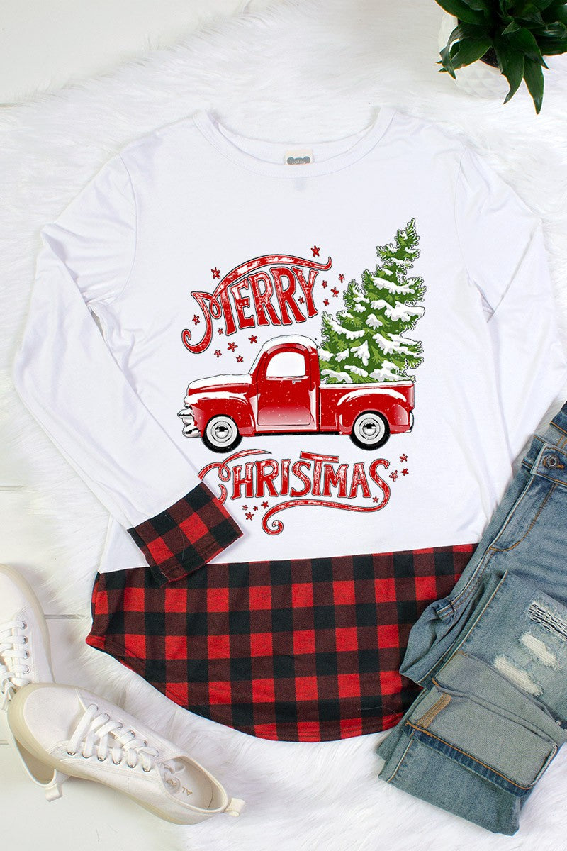 Merry Christmas Truck Plaid Hem &amp; Cuff Long Sleeve Shirt - SimplyCuteTees