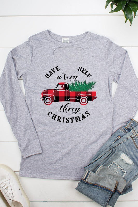 Have Yourself a Merry Little Christmas Plaid Truck Cut Out Long Sleeve T Shirt - SimplyCuteTees