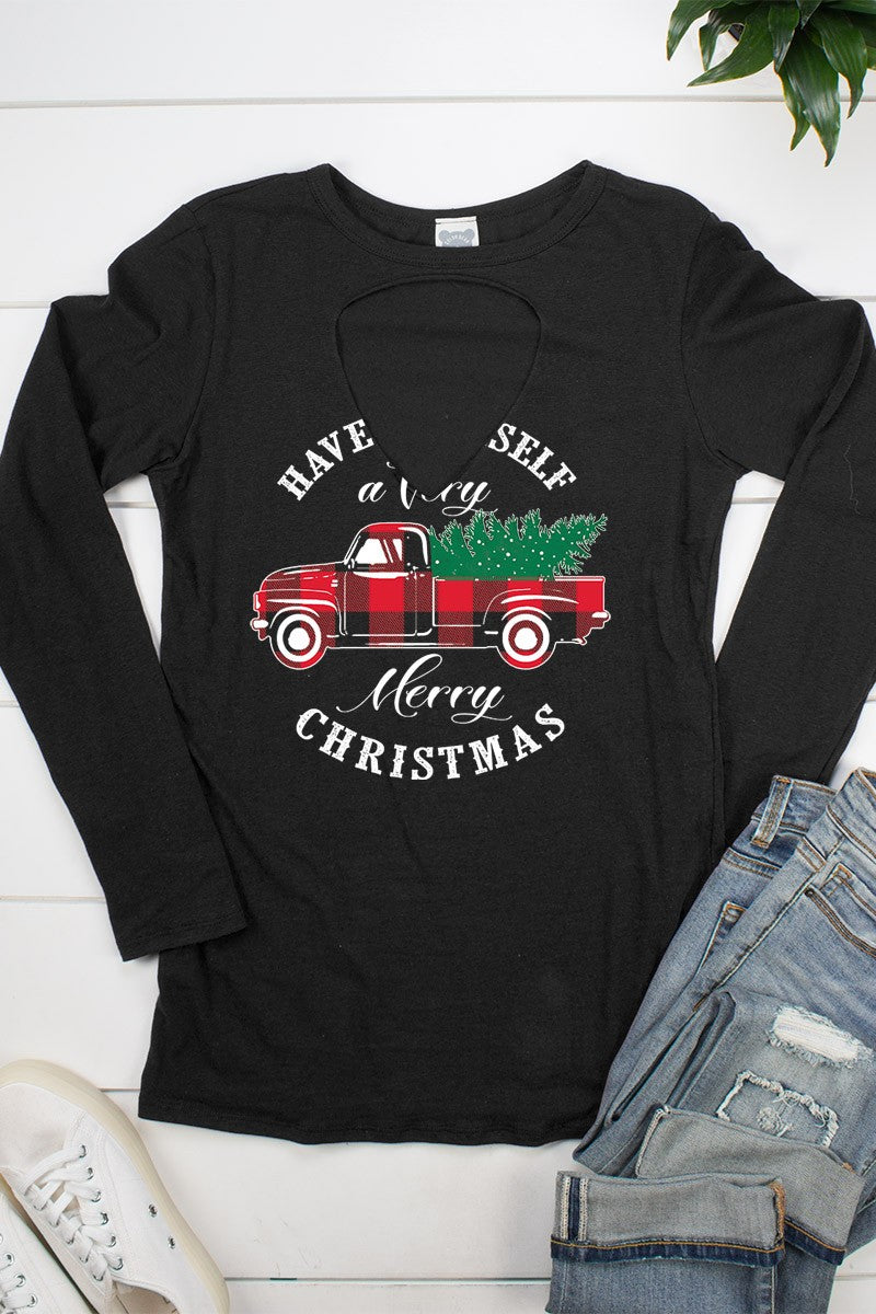 Have Yourself a Merry Little Christmas Plaid Truck Cut Out Long Sleeve T Shirt - SimplyCuteTees