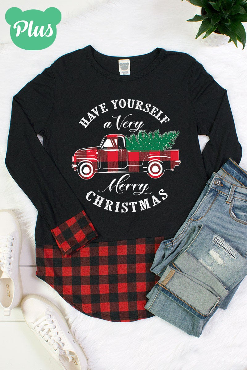 Have Yourself a Very Merry Christmas Truck Plaid Cuff and Hem Holiday Long Sleeve Shirt - SimplyCuteTees