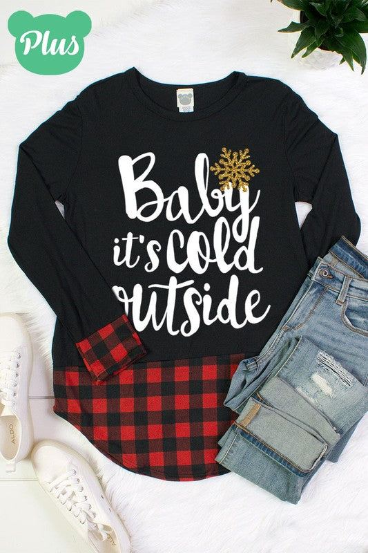 Baby It's Cold Plaid Cuff and Hem Holiday Long Sleeve Shirt - SimplyCuteTees