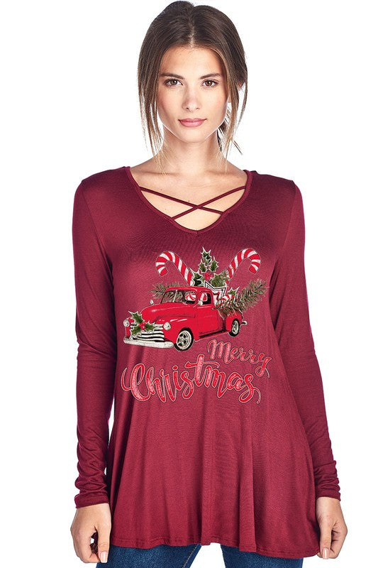 SALE Merry Christmas Candy Cane Truck Holiday Criss Cross Long Sleeve Shirt - SimplyCuteTees