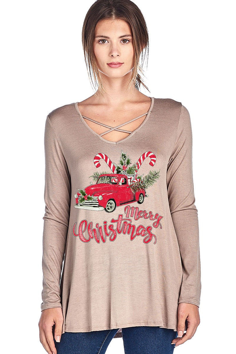 SALE Merry Christmas Candy Cane Truck Holiday Criss Cross Long Sleeve Shirt - SimplyCuteTees