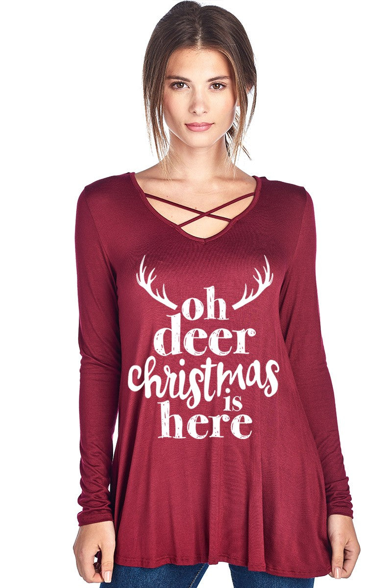 SALE Oh Deer Christmas is Here Holiday Criss Cross Long Sleeve Shirt - SimplyCuteTees