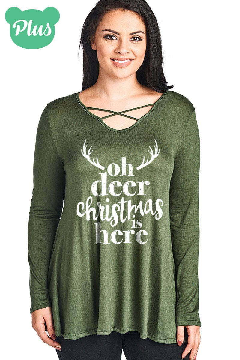 SALE Oh Deer Christmas is Here Holiday Criss Cross Long Sleeve Shirt - SimplyCuteTees