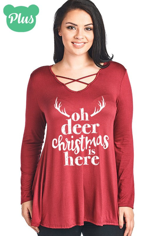 SALE Oh Deer Christmas is Here Holiday Criss Cross Long Sleeve Shirt - SimplyCuteTees