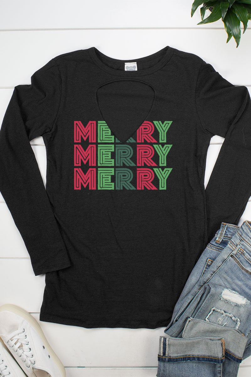 Merry Merry Merry Christmas Cut Out Long Sleeve Shirt - SimplyCuteTees
