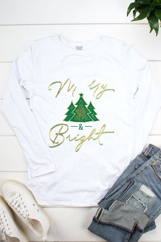 Merry &amp; Bright Christmas Tree Cut Out Long Sleeve T Shirt - SimplyCuteTees