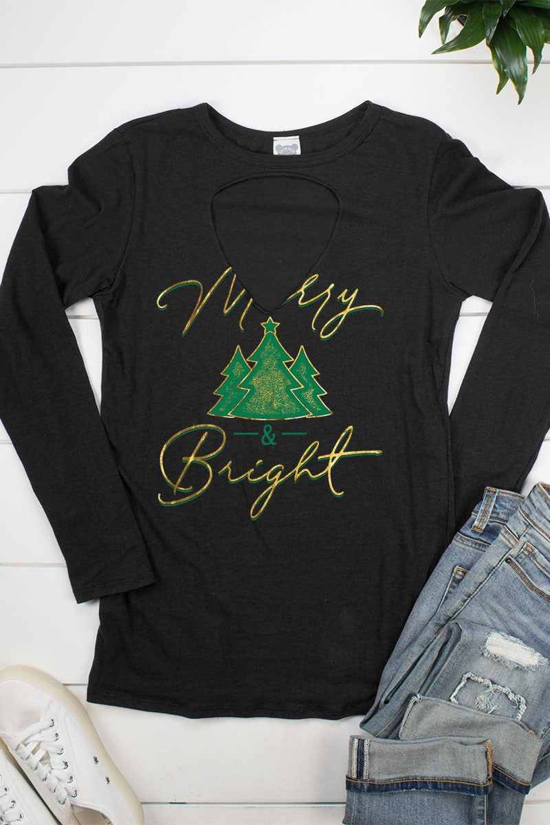 Merry &amp; Bright Christmas Tree Cut Out Long Sleeve T Shirt - SimplyCuteTees