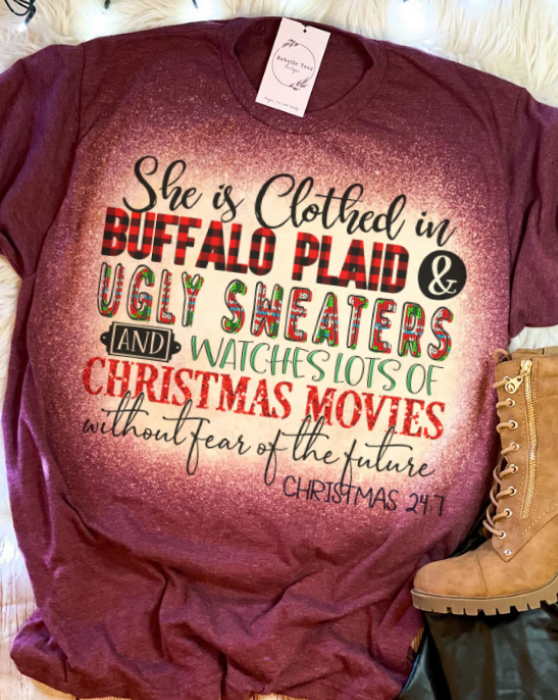 She is Clothed in Buffalo Plaid Christmas Bleached Dye Canvas Girlie T Shirt - SimplyCuteTees