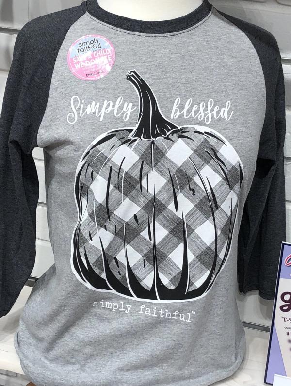 SALE Simply Faithful By Simply Southern Blessed Plaid Pumpkin Fall Long Sleeve T-Shirt