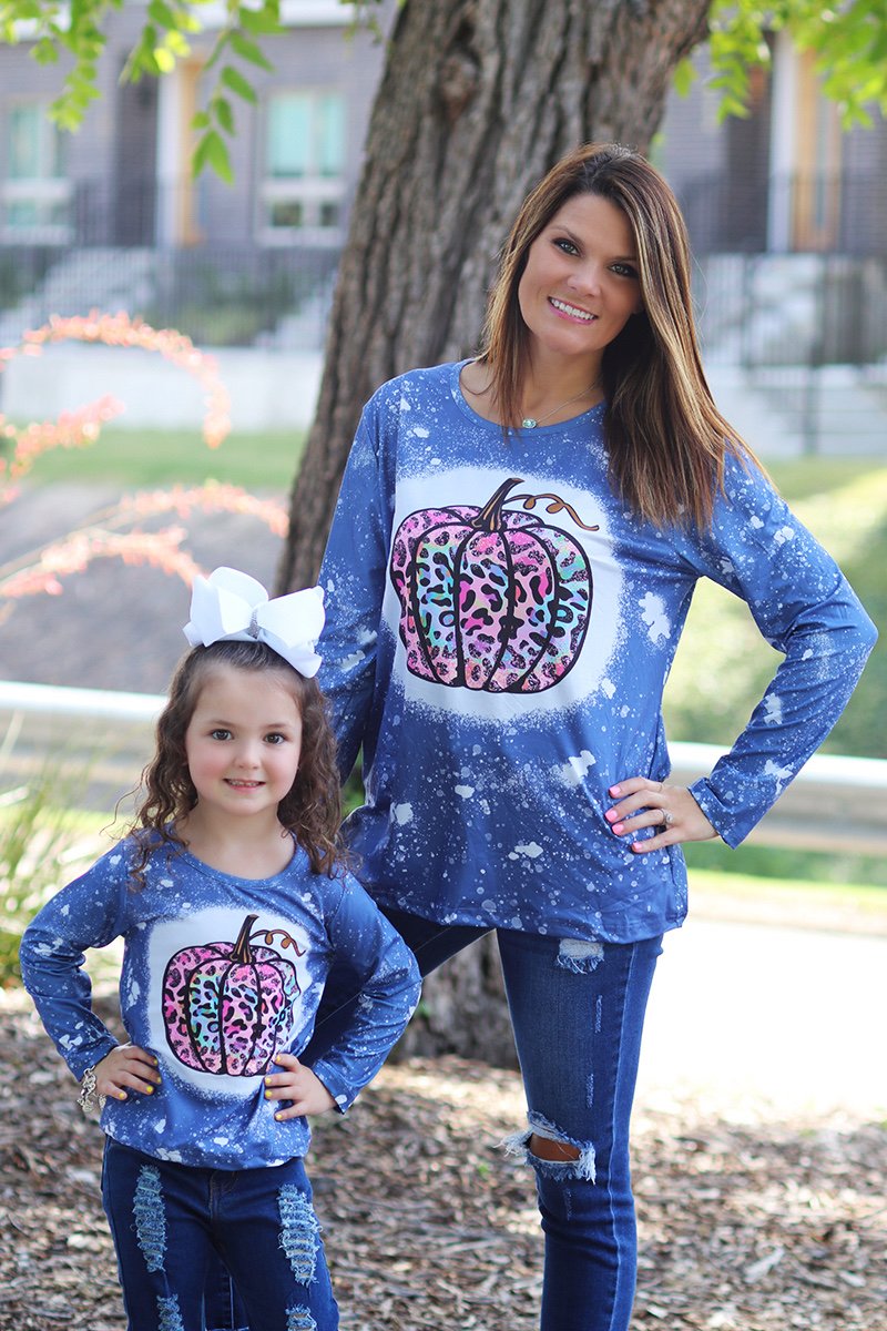SALE Mommy &amp; Me Baby Youth Leopard Pumpkin Fall Long Sleeve Bleach Dye T Shirt