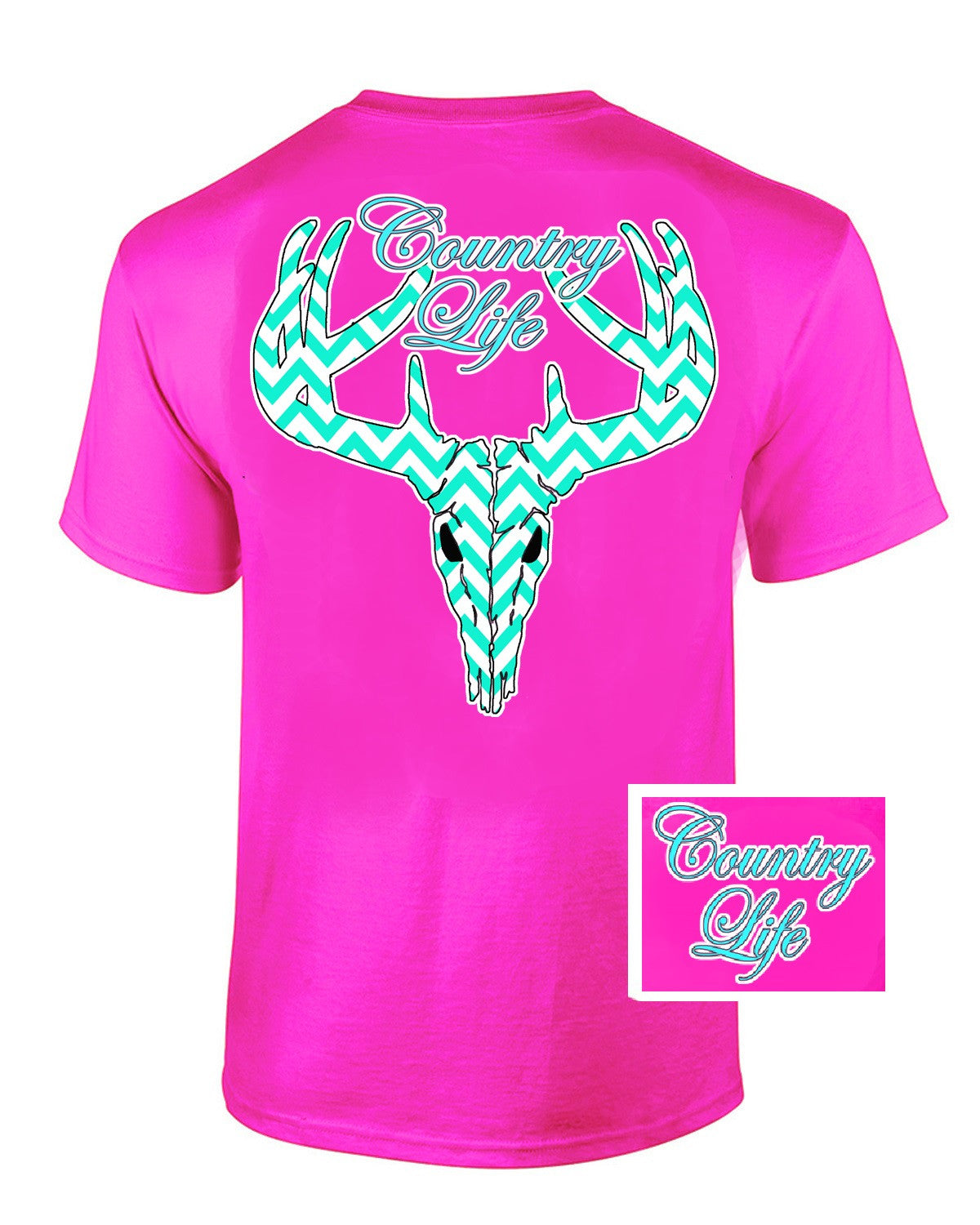 Country Life Outfitters Pink Chevron Deer Skull Head Hunt Vintage Bright T Shirt - SimplyCuteTees