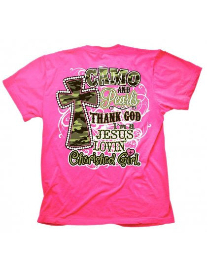 Cherished Girl Camo &amp; Pearls Jesus Lovin Country Girl Cross Girlie Christian Bright T Shirt - SimplyCuteTees