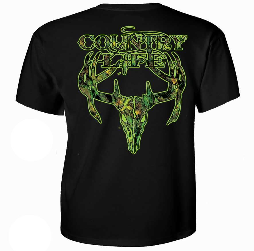 Country Life Outfitters Black &amp; Green Camo Realtree Deer Skull Head Hunt Vintage Unisex Bright T Shirt - SimplyCuteTees