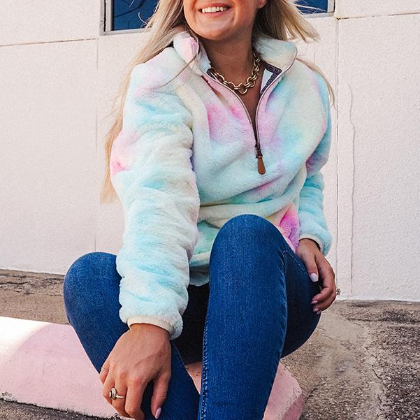 Katydid Preppy Pink Blue Tie Dye 1 Sherpa Pullover Jacket T-Shirt