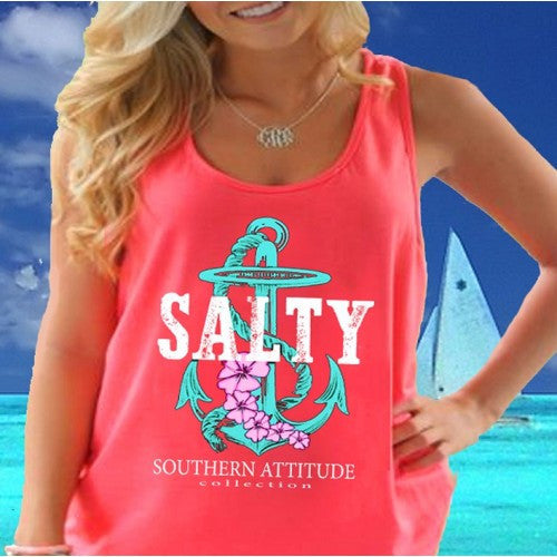 SALE Southern Attitude Preppy Anchor Flowers Neon Coral Tank Top