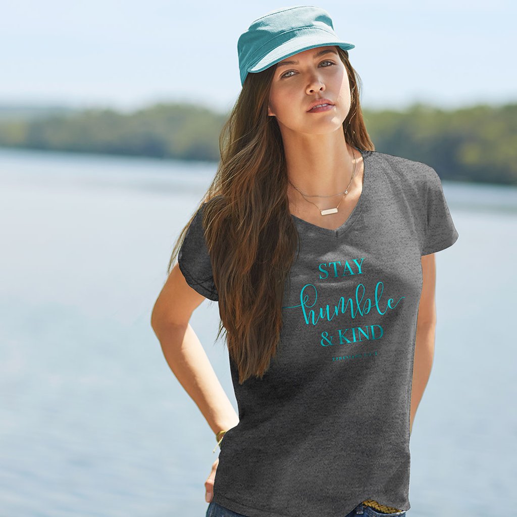 Grace &amp; Truth Stay Humble &amp; Kind V-Neck Christian Cherished Girl Bright T Shirt