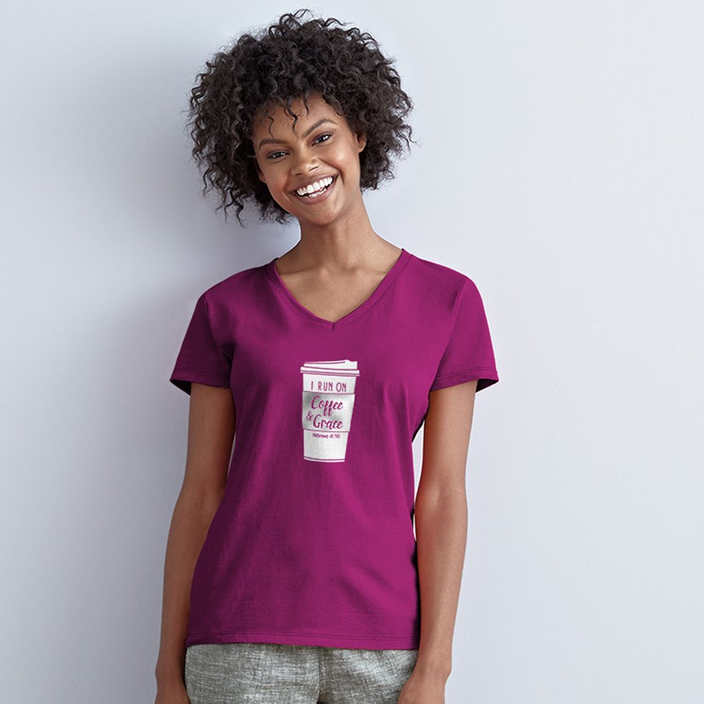 Grace &amp; Truth  I Run on Coffee &amp; Grace V-Neck Christian Cherished Girl Bright T Shirt