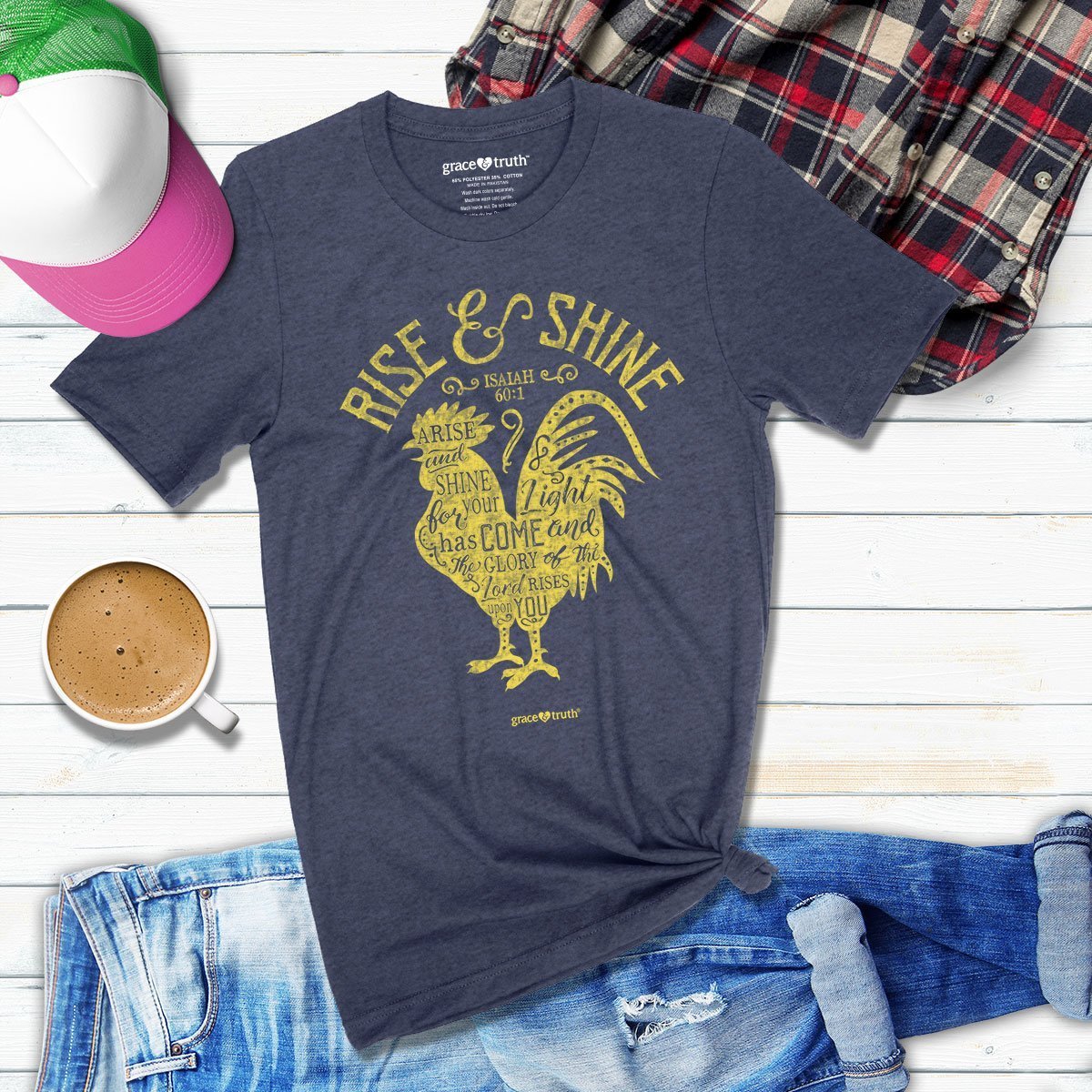 Cherished Girl Grace & Truth Rise & Shine Rooster Girlie Christian Bright T Shirt - SimplyCuteTees