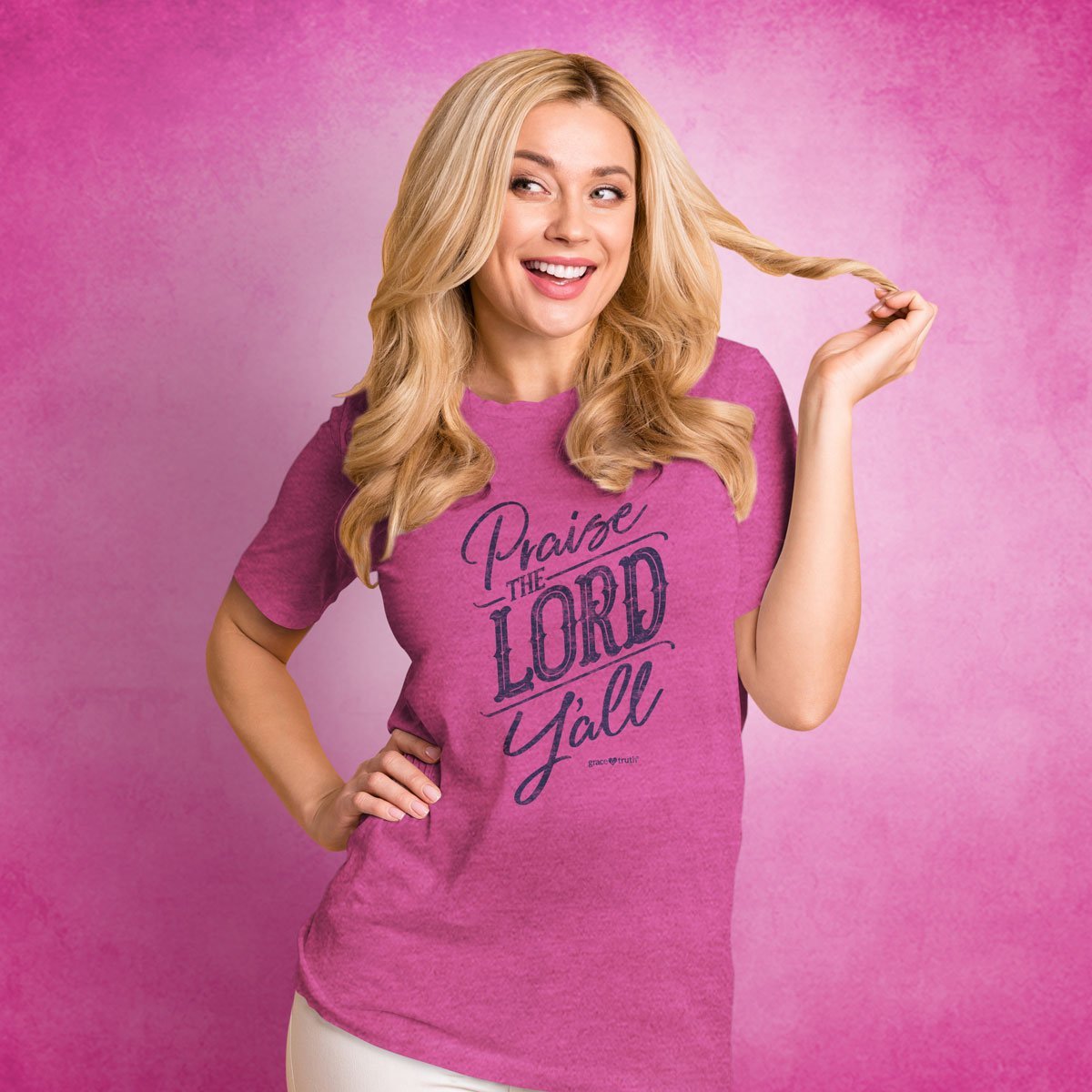 Cherished Girl Grace &amp; Truth Praise the Lord Y'all Girlie Christian Bright T Shirt