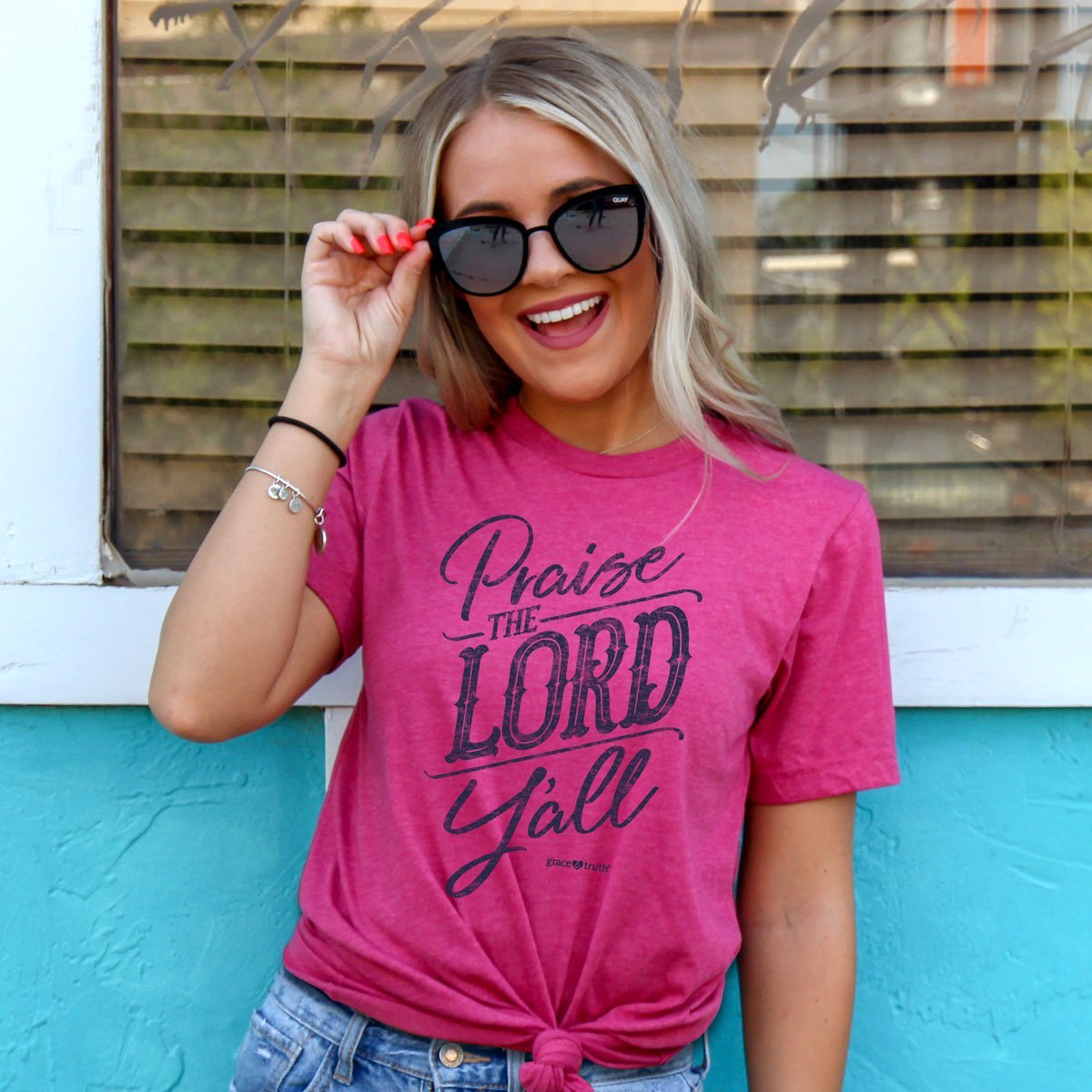 Cherished Girl Grace &amp; Truth Praise the Lord Y'all Girlie Christian Bright T Shirt