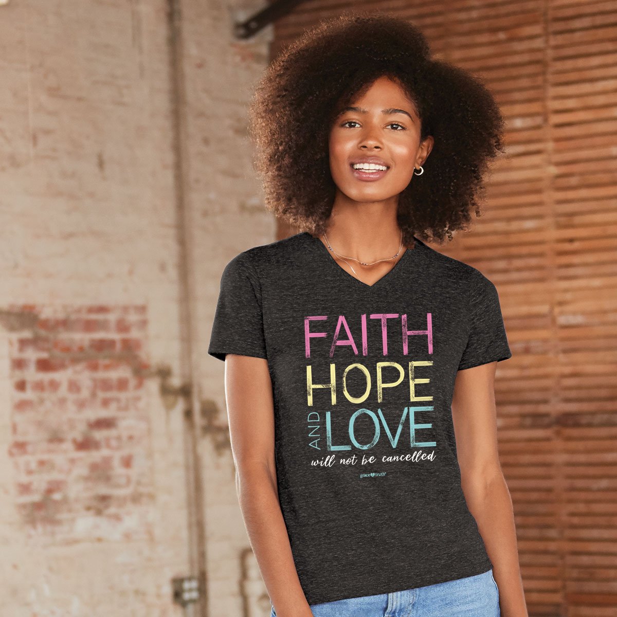 Cherished Girl Grace &amp; Truth Faith Hope Love Christian V-Neck T-Shirt