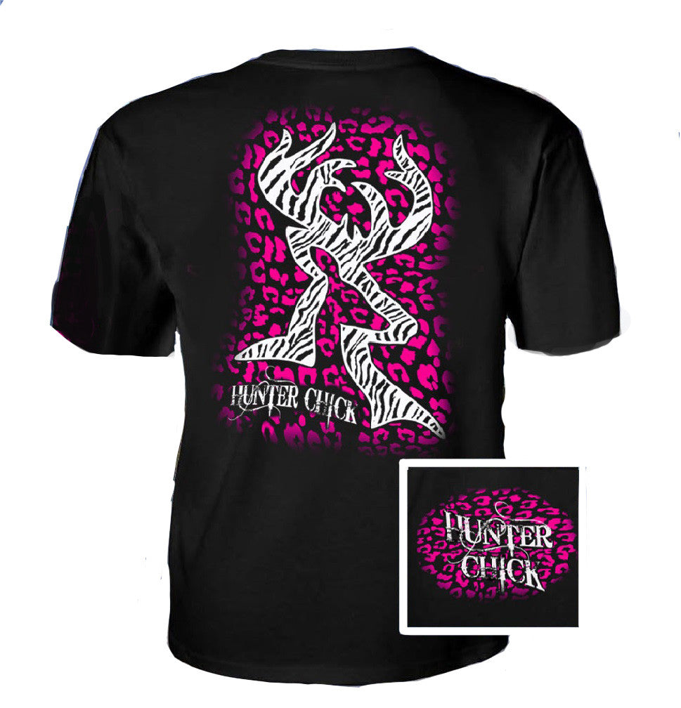 Country Life Outfitters Hunter Chick Black &amp; Pink Cheetah Deer Head Hunt Vintage Bright T Shirt - SimplyCuteTees