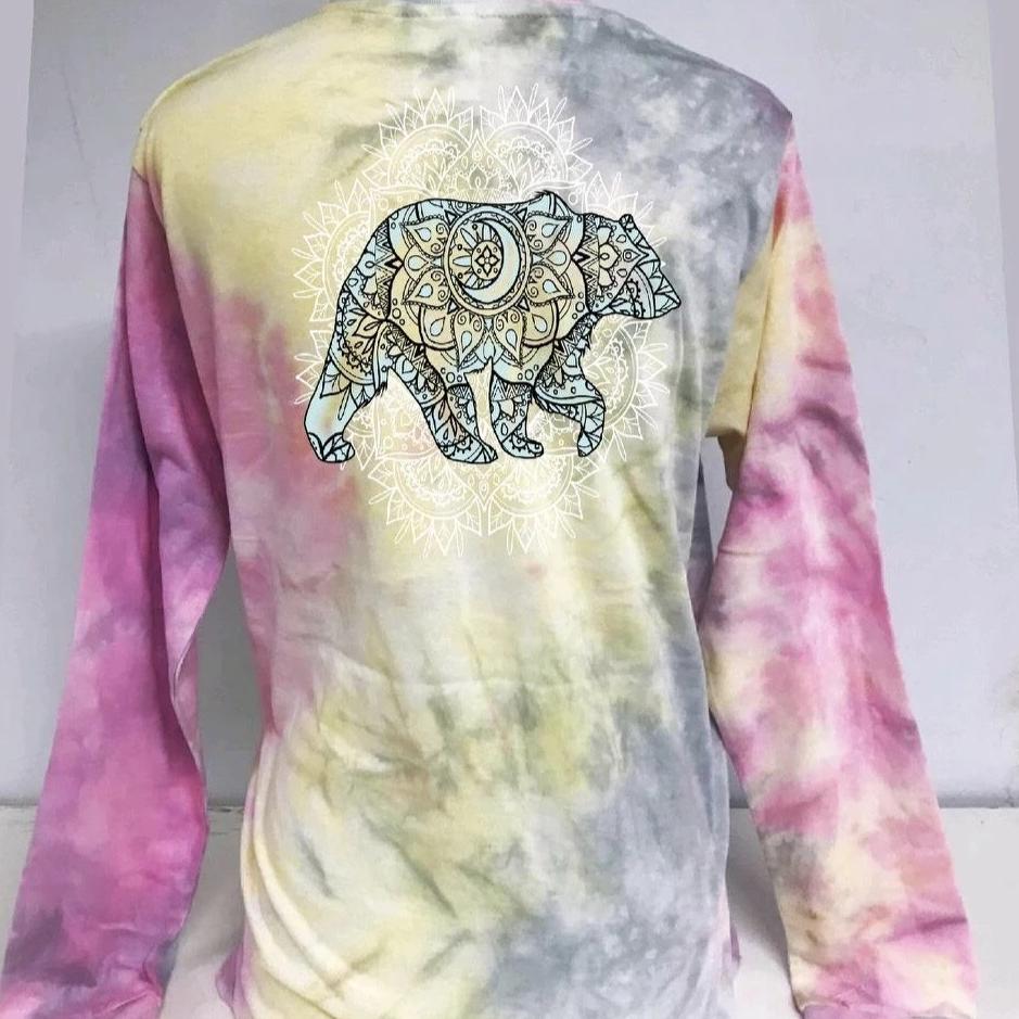 Southern Attitude Tortuga Moon Mandala Mama Bear Berry Tie Dye Long Sleeve T-Shirt
