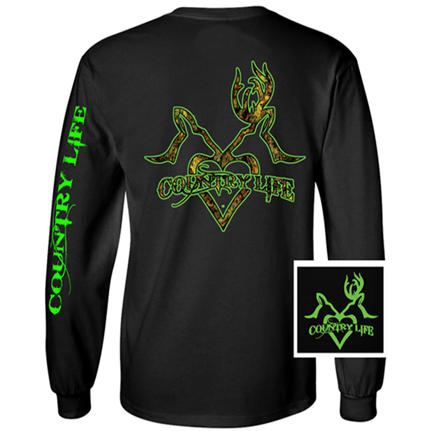 Country Life Outfitters Black &amp; Green Deer Kiss Heart Love Hunt Vintage Long Sleeve Bright T Shirt - SimplyCuteTees