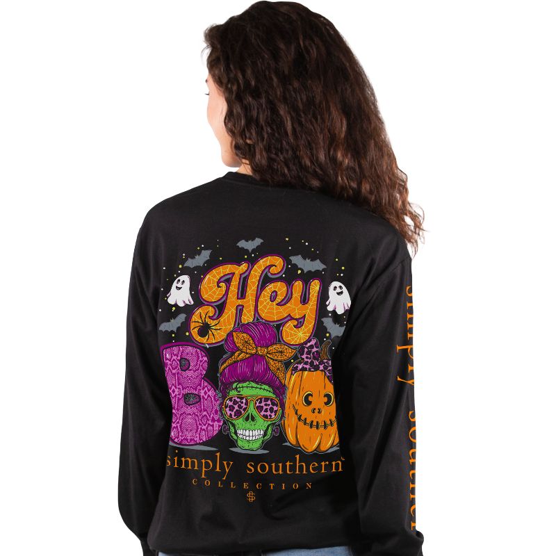 Simply Southern Hey Boo Halloween Black Long Sleeve T-Shirt