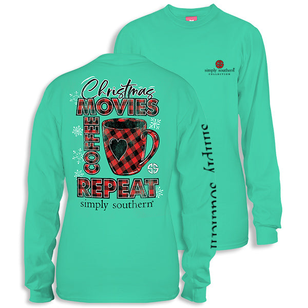 SALE Simply Southern Christmas Movies Coffee Repeat Long Sleeve T-Shirt - SimplyCuteTees
