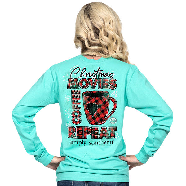 SALE Simply Southern Christmas Movies Coffee Repeat Long Sleeve T-Shirt - SimplyCuteTees