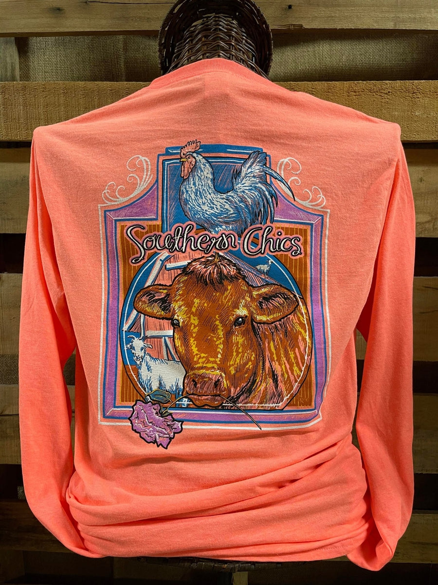 Southern Chics Apparel Cow with Chicken Comfort Colors Long Sleeve T Shirt - SimplyCuteTees