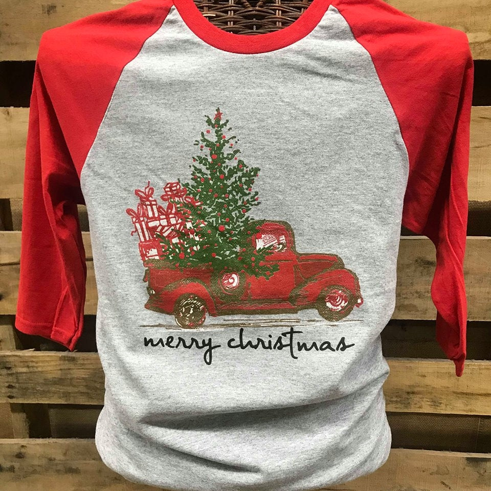 Southern Chics Merry Christmas Truck Raglan Canvas Girlie 3/4 Long Sleeve T Shirt - SimplyCuteTees