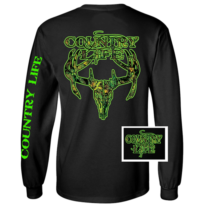 Country Life Outfitters Black & Green Camo Realtree Deer Skull Head Hunt Vintage Unisex Long Sleeve Bright T Shirt - SimplyCuteTees