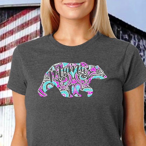 Southern Attitude Preppy Paisley Mama Bear Front Print T-Shirt - SimplyCuteTees