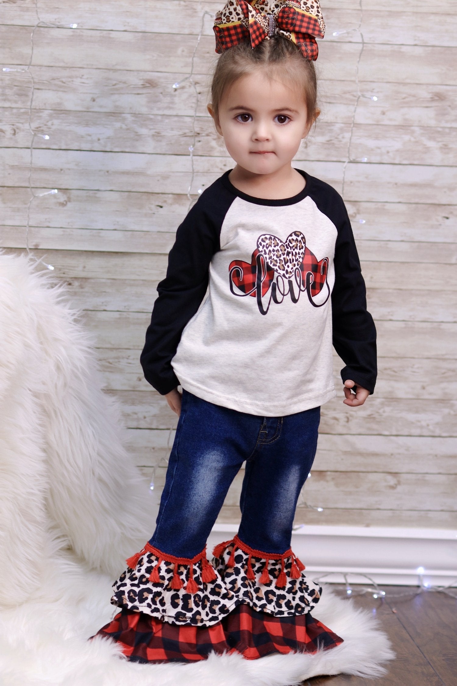 Youth Baby Toddler Love Raglan & Denim Bell Leopard Plaid Pants Valentines Day Set - SimplyCuteTees