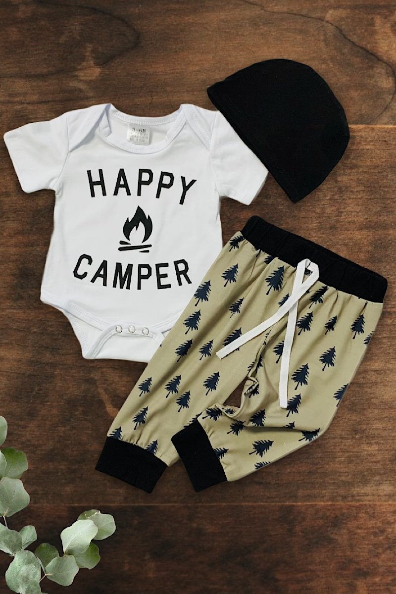 Happy Camper Onesie Pants Set with Beanie - SimplyCuteTees