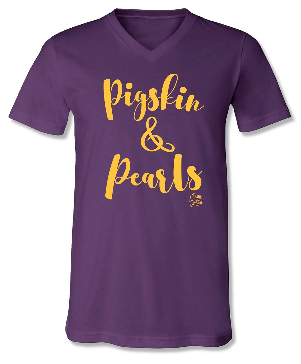 Sassy Frass Purple Pigskin &amp; Pearls Football V-neck Bright Girlie T Shirt