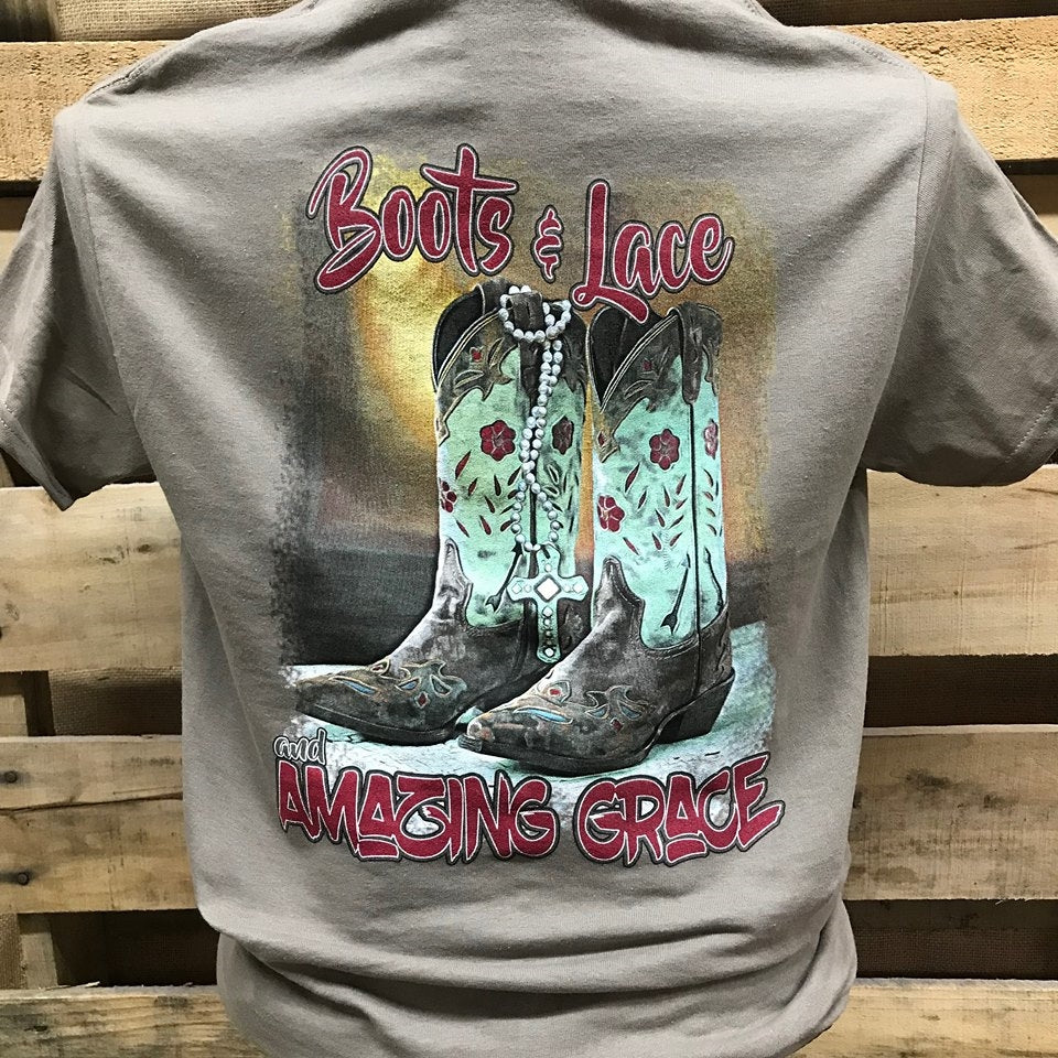 Southern Chics Boots Lace &amp; Amazing Grace Christian Girlie Bright T Shirt - SimplyCuteTees