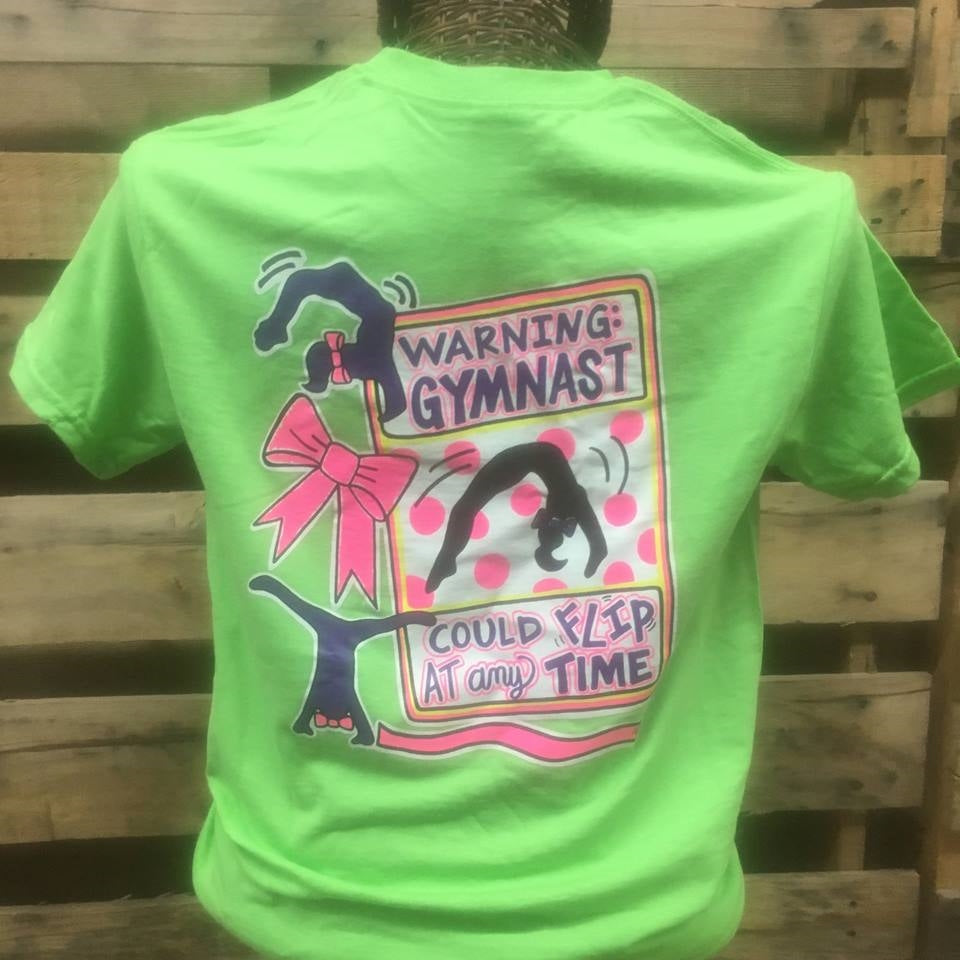 Southern Chics Funny Warning Gymnast Could Flip at any Time Gymnastics Bow Girlie Bright T Shirt