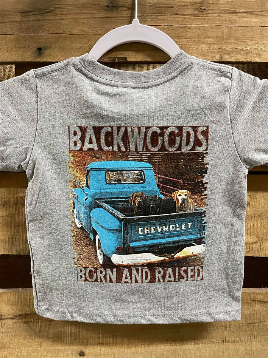 Backwoods Born &amp; Raised  Lab Dog Truck Bright Unisex Toddler Youth T Shirt