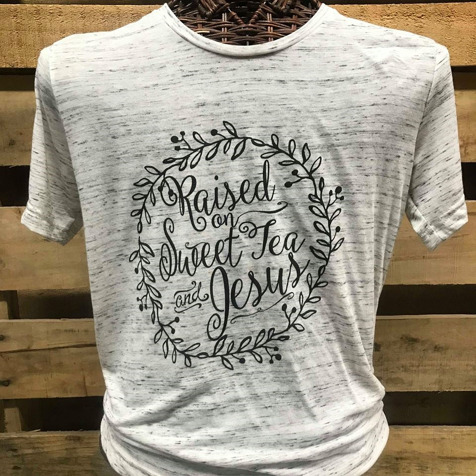 Southern Chics Apparel Raised on Sweet Tea &amp; Jesus Canvas Girlie Bright T Shirt